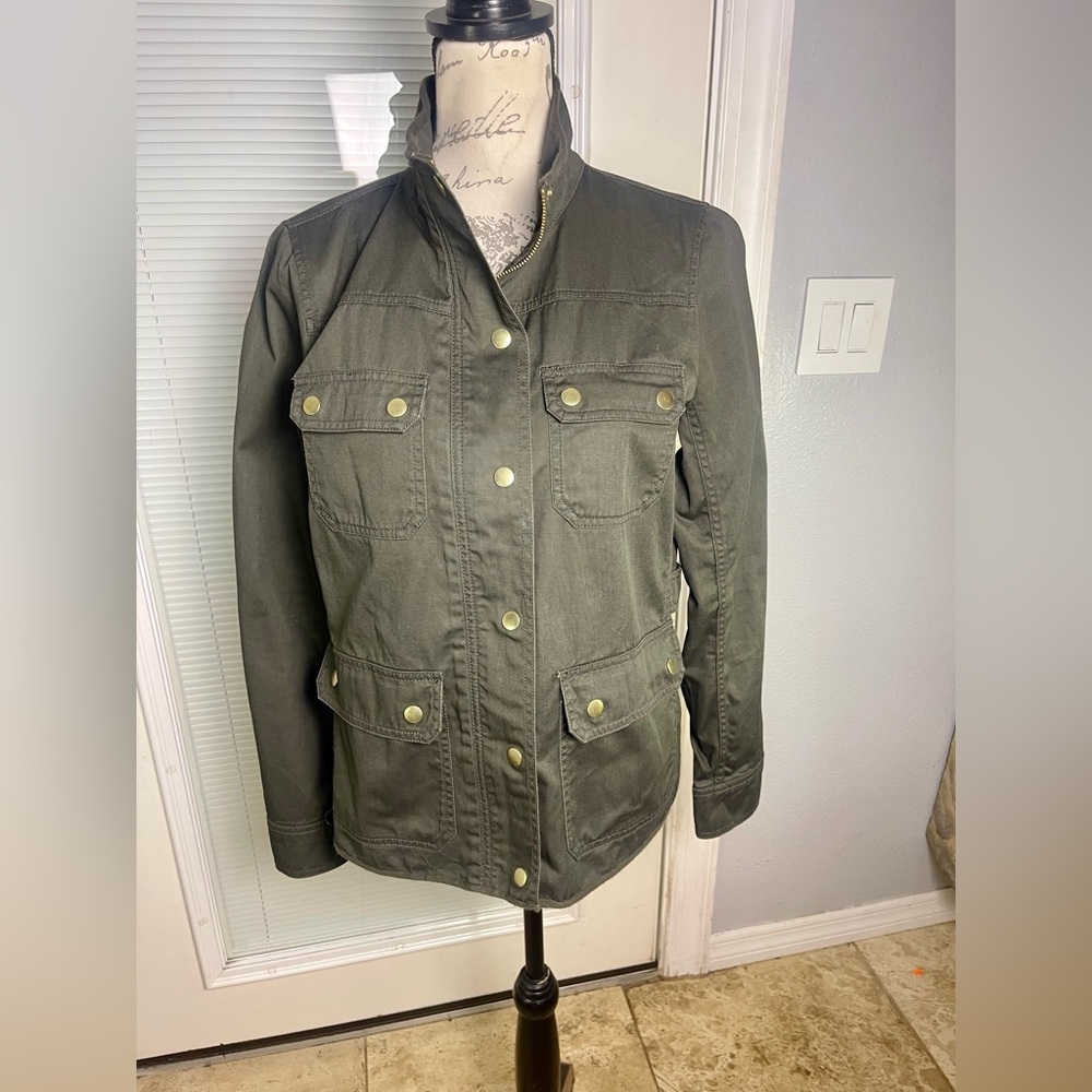 J. Crew Army Green Waxed Cotton Denim Gold Snap High Neck Utility Jacket Sz S